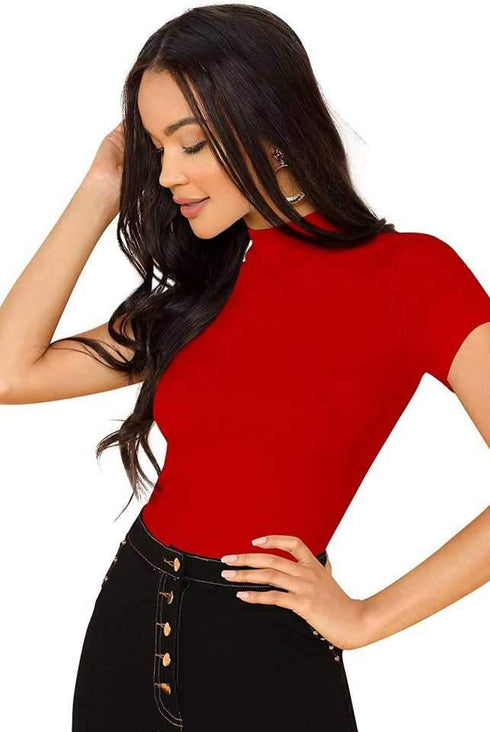 Women Red Round Neck Half Sleeves T-Shirt